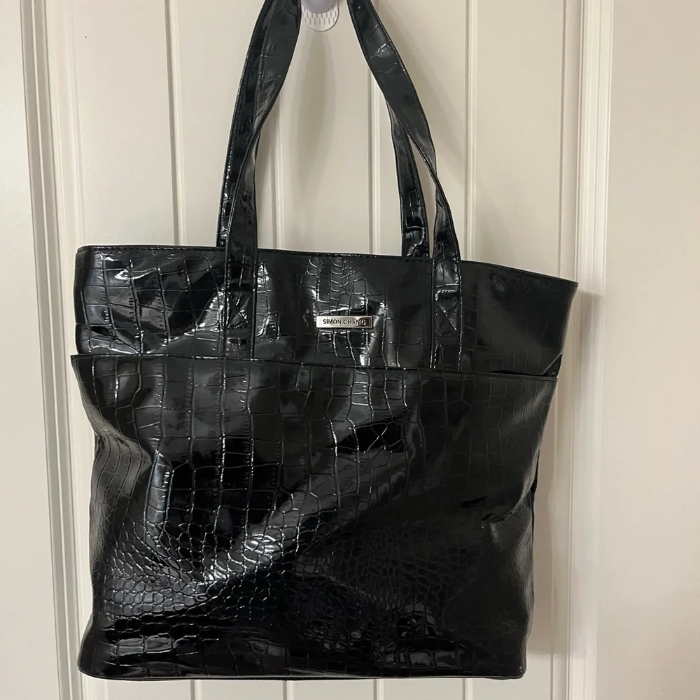 Simon Chang Glossy Black Croc-Embossed Patent Handbag - Picture 3 of 5